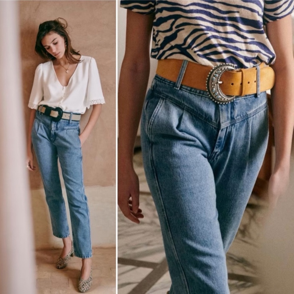 Sezane Sama Trousers Sz 36 Indigo Blue Denim Jeans High Waist Tapered Leg French